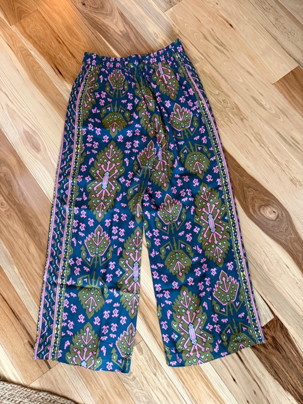 Boden Wide-Leg Printed Maxi Pants in Teal, Olive & Pink; size 10; - Picture 5 of 8